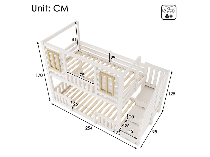  Lit superposé enfant 2 couchages 90x200 cm avec escalier de rangement, blanc  - Conforama E