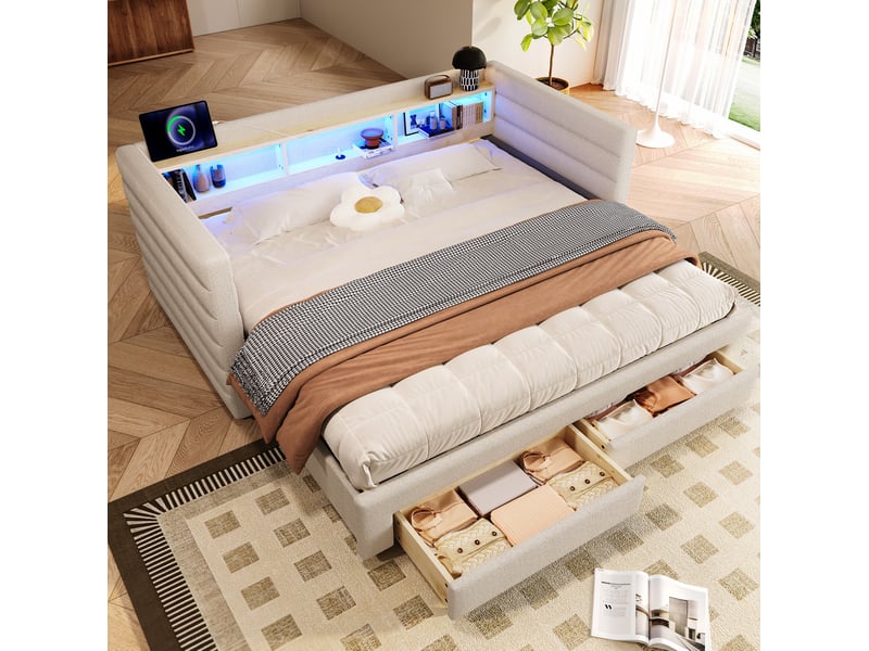  Lit gigogne 90x190 cm led usb type-c, mdf, velours beige sans matelas  - Conforama E