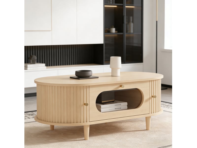  Table basse 100x50x36 cm avec tiroir et 2 portes à rideau, finition chêne  - Conforama C
