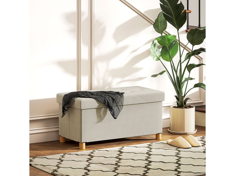  Banc de rangement d'une capacité de 67 l 76 x 38 x 38 cm tapissé en velours charge 120 kg pour salon chambre en crème  - Conforama B