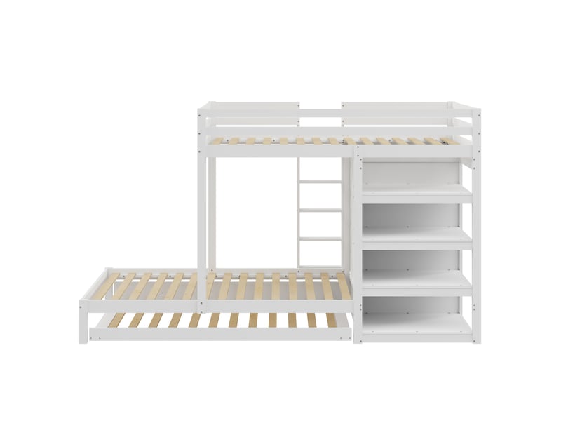 Lit superposé 90x200cm, lit gigogne avec armoire, étagères de rangement et sommiers, lit enfant, blanc, sans matelas - Conforama E