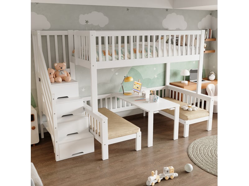  Lit superposé enfant blanc avec bureau rabattable, escalier coffre, 90x200 et 120x200 cm  - Conforama E