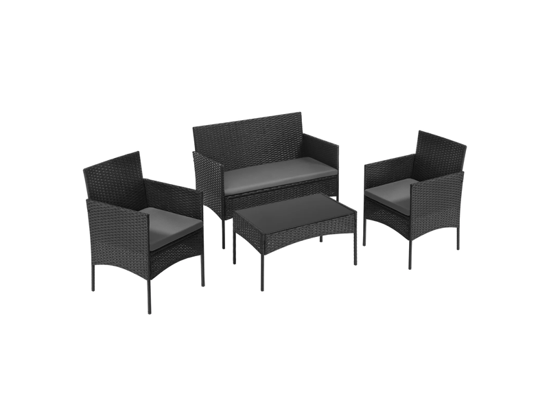 Salon de jardin avec canapé 2 places, 2 fauteuils et table basse, coussins amovibles, en rotin noir - Conforama A