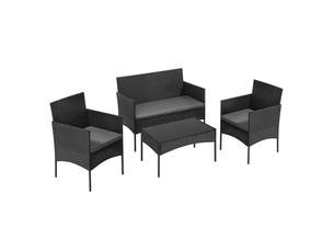 Salon de jardin avec canapé 2 places, 2 fauteuils et table basse, coussins amovibles, en rotin noir