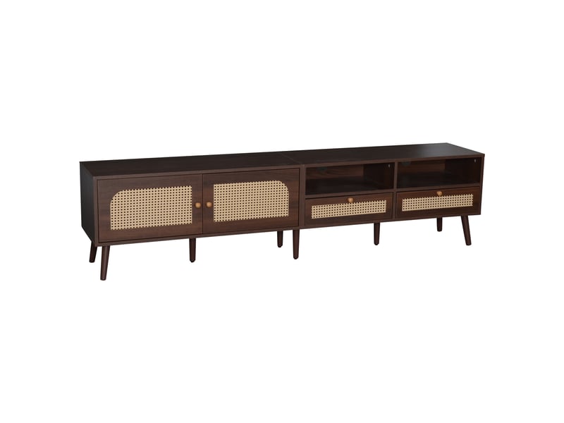  Meuble tv 80 pouces avec portes en rotin, meuble tv 200 cm marron à 2 tiroirs et 8 pieds, rangement multimédia pour salon  - Conforama A