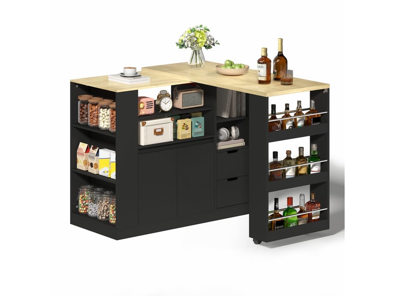 Desserte de cuisine extensible avec 2 tiroirs et 3 étagères, en mdf noir et bois naturel, 115 × 50 × 92 cm - Conforama A