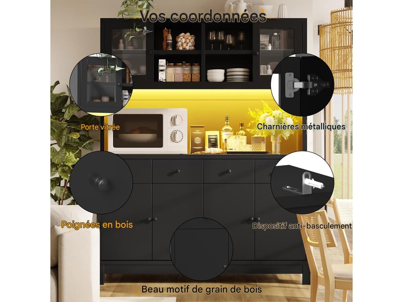  Buffet haut led rgb 4 tiroirs et portes en verre noir 140 x 38.5 x 180 cm  - Conforama D