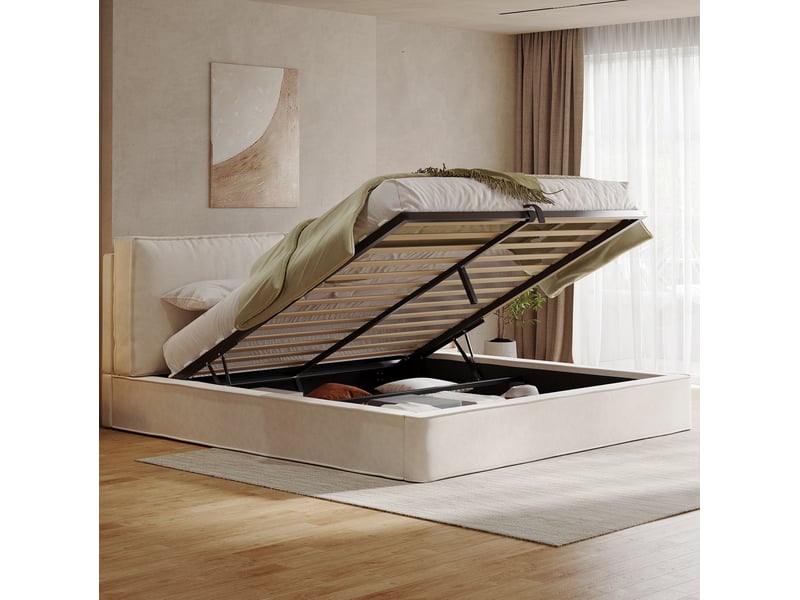  Lit coffre double 180 x 200 cm en chenille beige avec sommier à lattes  - Conforama D