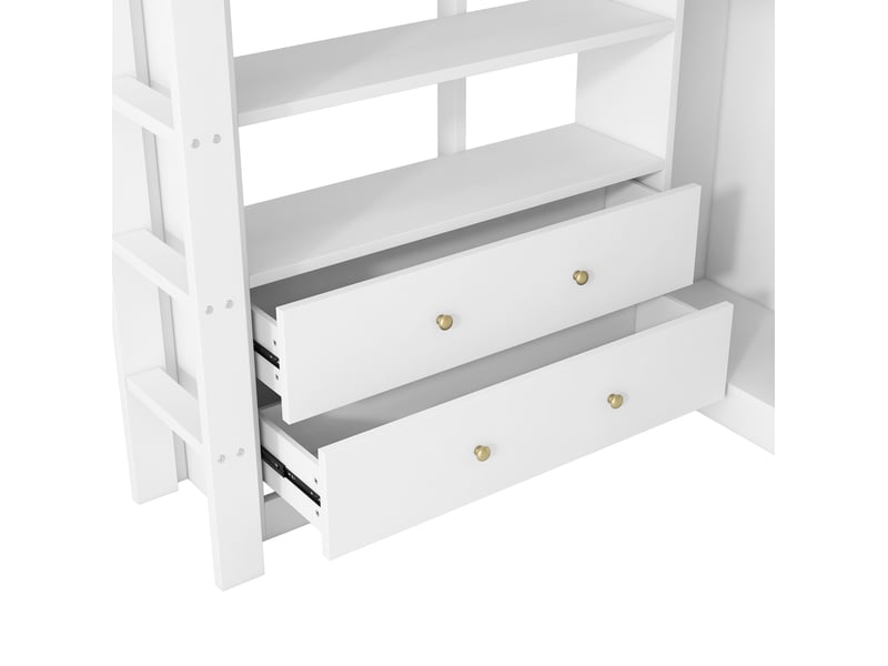  Lit mezzanine, 140x200 cm, avec 2 tiroirs, bureau intégré, led et usb, matelas non inclus, bois et mdf, coloris blanc  - Conforama E