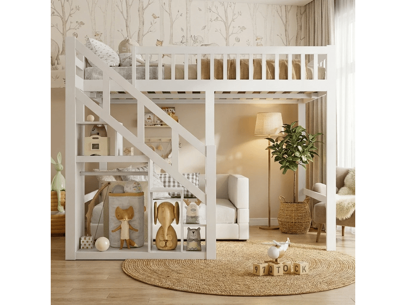 Cadre de lit mezzanine 140x200 cm avec escalier de rangement, sommier à lattes inclus, barrières hautes, mezzanine double avec espace en bas pour bureau ou salon, lit mezzanine multifonctionnel pour chambre d'ado ou studio moder…  - Conforama B