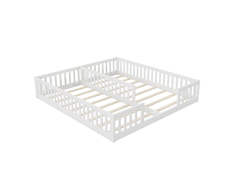  Elvmi lit enfant double au sol 90x200 cm avec barrières de sécurité et sommier à lattes, structure en pin et mdf, coloris blanc, couchage gain de place pour 2 enfants, design minimaliste pour chambre d’enfant et espace familial  - Conforama A