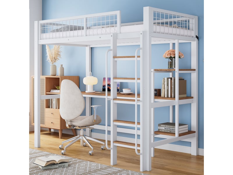  Lit mezzanine enfant 90x200 cm blancnaturel avec bureau, étagères, échelle 5 marches, barrières et en 747 Fay Lum - Conforama B