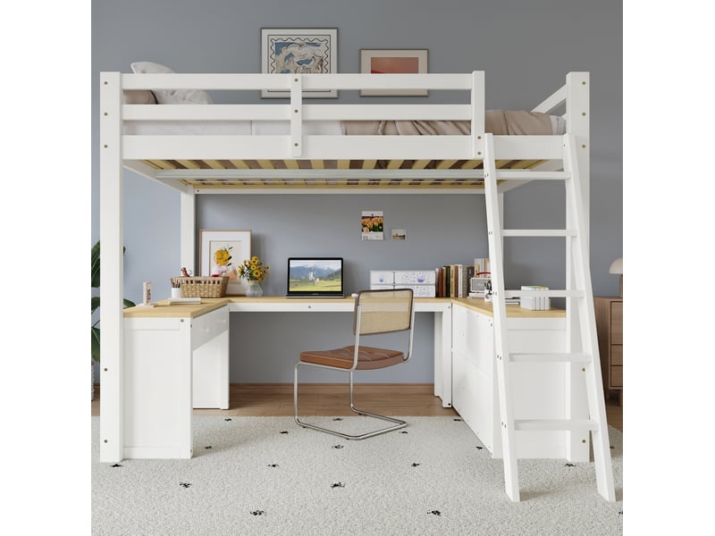 Lit mezzanine enfant 140x200 cm avec bureau en u, 2 tiroirs, étagère blanc naturel - Conforama D