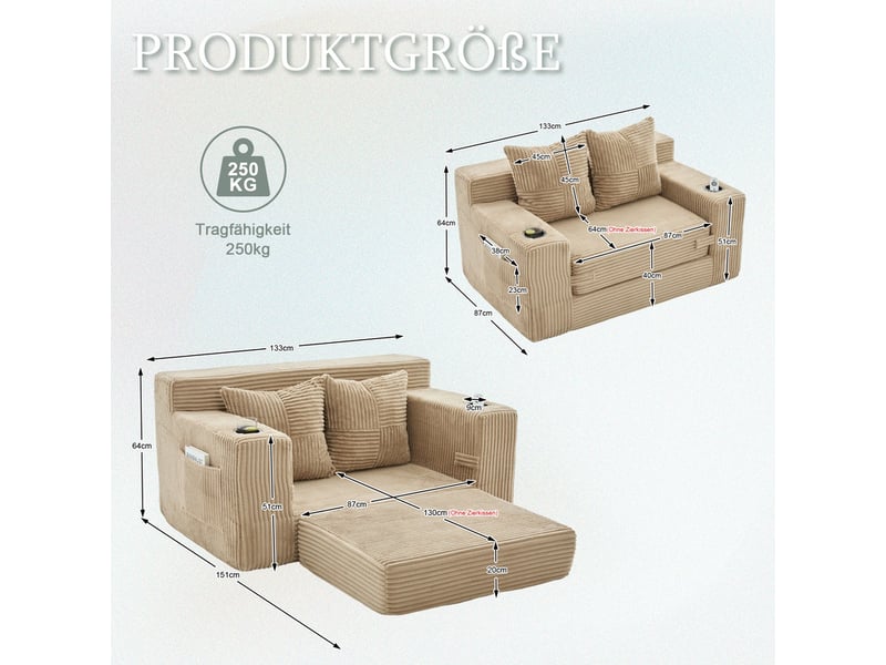  Canapé droit convertible 2 places, en velours côtelé, 2 coussins, porte-gobelet et poches latérales, 151 × 133 × 64 cm, kaki  - Conforama C