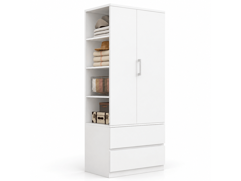  Armoire 70 × 50 × 175 cm – avec 2 tiroirs – avec étagères ouvertes – armoire à une porte – blanc  - Conforama A