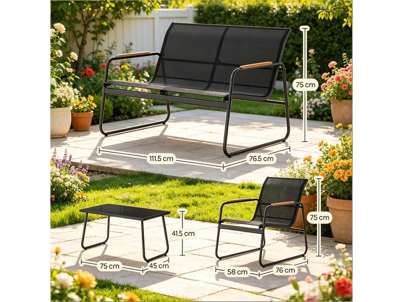  Salon de jardin avec 1 canapé 2 places, 2 fauteuils et table en verre trempé, en métal noir  - Conforama D
