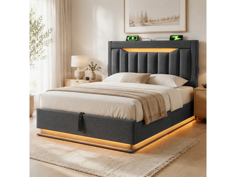  Lit coffre 90x200 cm gris en lin avec led, usb et usb-c  - Conforama B