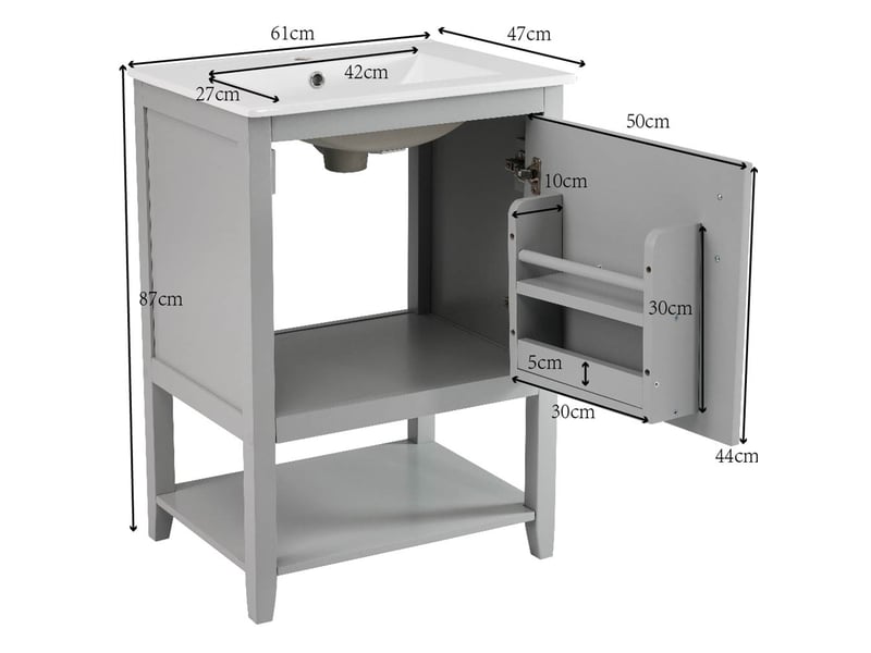  Meuble salle de bain rangement sur pied avec vasque ceramique mdf gris 2 colis homvra  - Conforama E