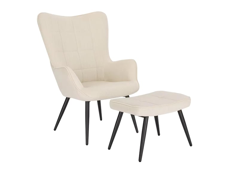 Fauteuil avec pouf en corduroy avec dossier haut et assise rembourrée, style moderne crème - Conforama A