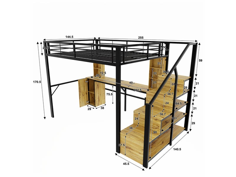  Lit mezzanine 140x200 cm noir en métal avec bureau, rangements et usb, pour optimiser l'espace, sans matelas  - Conforama C