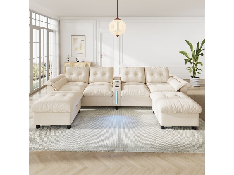 Canapé panoramique modulable 6 places 312x142 cm avec 2 poufs coffre, console centrale, led, usb et usb-c, chenille beige Morn Vibe - Conforama B