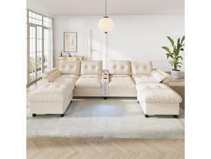 Canapé d'angle panoramique fixe <strong></strong> <strong>Morn Vibe</strong> 6 places Tissu beige avec coffre de rangement