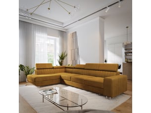 Canapé d'angle gauche convertible MASSENO  5 places Velours jaune avec coffre de rangement