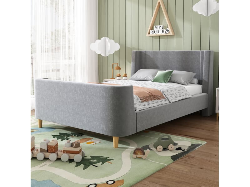 Modenvie lit enfant traineau 90x200 cm - velours à motif spatial, sommier inclus, sans matelas - gris - Conforama D