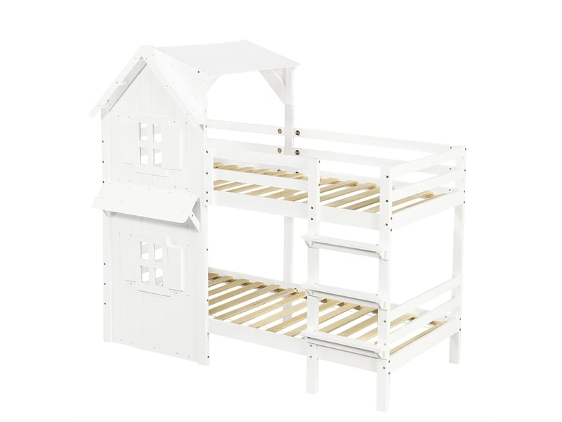  Lit superposé enfant 90x200 cm fenêtres, toit et échelle droite, sommier, mobilier chambre, mdf, blanc sans matelas  - Conforama E