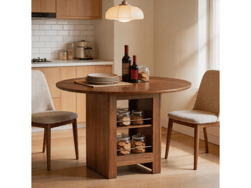  Table basse - table de salle à manger ronde moderne avec compartiments de rangement ouverts, noyer, 100 x 100 x 76 cm  - Conforama W