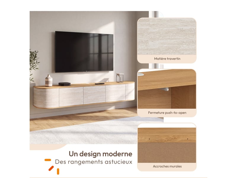  Meuble tv 180 cm suspendu leora 3 portes effet travertin et bois  - Conforama C