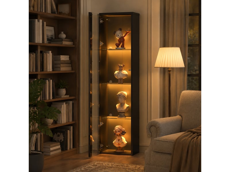  Vitrine 40x29x170 cm, led, rangement déco, aménagement intérieur, salon, en acrylique et panneaux de particules, noir  - Conforama B