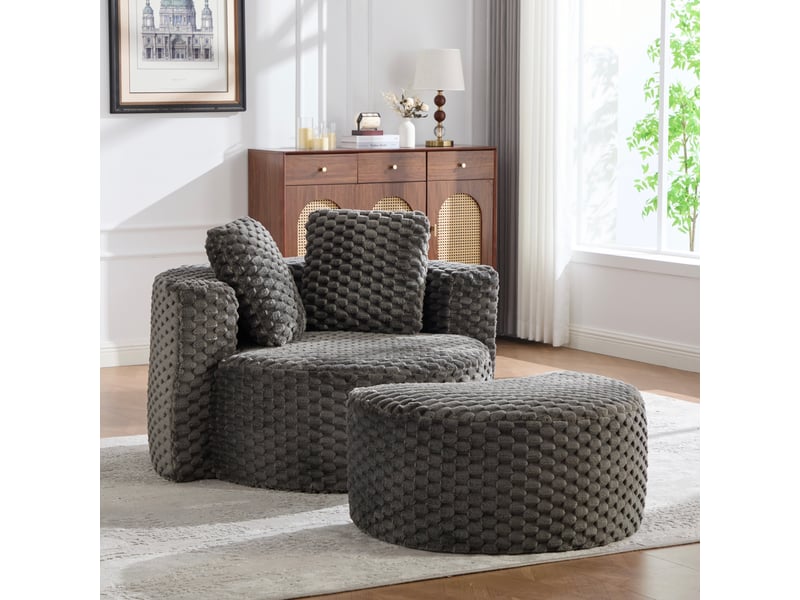 Fauteuil rond avec pouf, assise ergonomique - sans montage, tissu gris foncé 130 × 115 × 103 cm - Conforama C