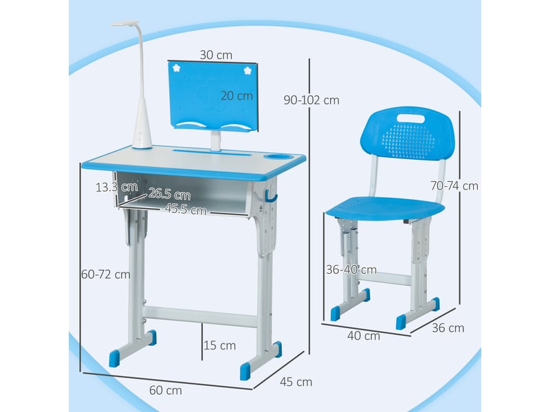  Bureau d'écolier avec chaise réglable en hauteur et lampe intégrée pour enfants de 6 à 12 ans, acier et mdf, gris  - Conforama D