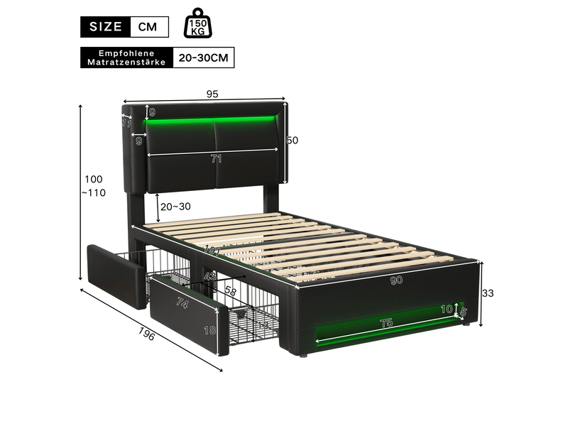  Lit enfant 90x190cm, 4 tiroirs inclus, lumières avec éclairage led, ports usb de chargement, style moderne, pu, noir, sans matelas  - Conforama C