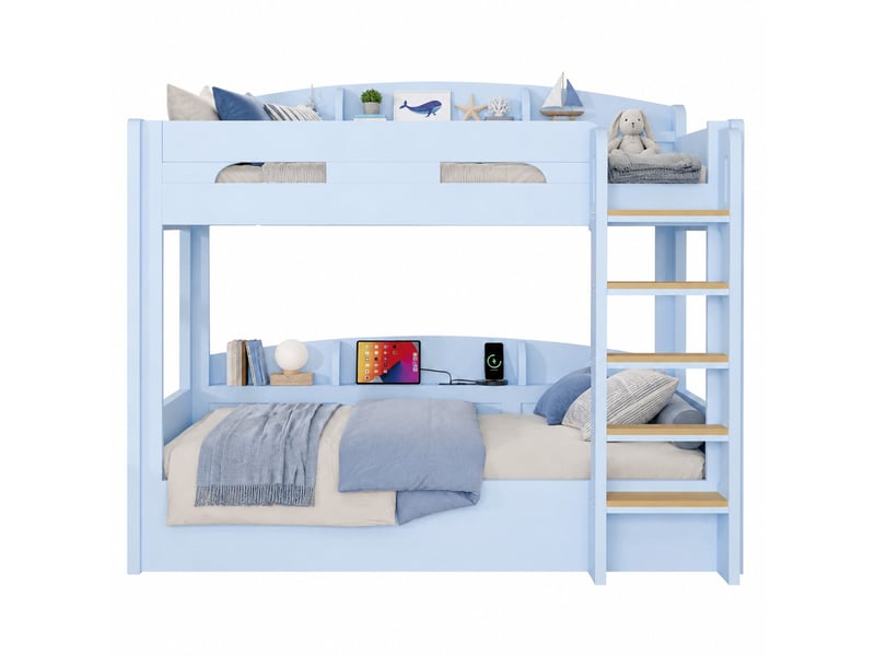  Lit superposé 90 x 200 cm avec couchage inférieur, usb et rangements, bleu clair  - Conforama A