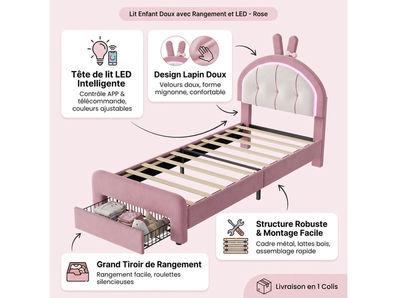  Lit simple 90x200 cm avec 1 tiroir et led, lit enfant capitonné en velours, tête de lit oreilles de lapin réglable et sommier, rose  - Conforama C