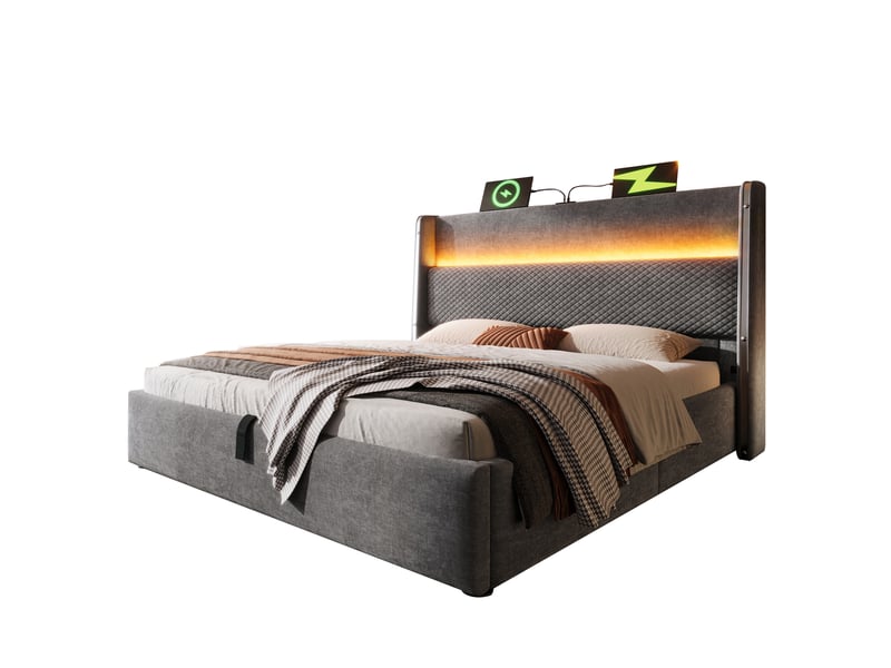  Lit coffre 180×200 cm capitonné avec rangement, led et usb, lin, gris, avec matelas  - Conforama A