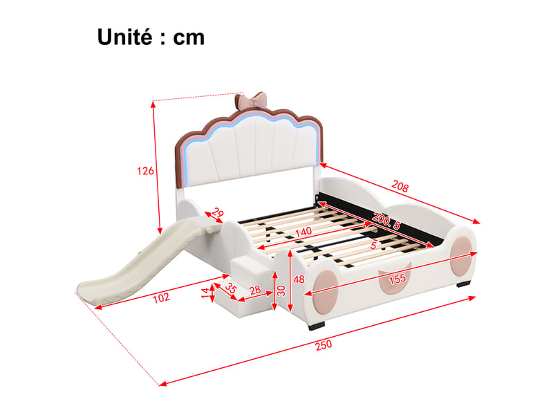  Lit enfant 140x200 cm - lit double avec toboggan ludique et échelle sécurisée, éclairage led télécommandé, sans matelas - blanc rose  - Conforama C