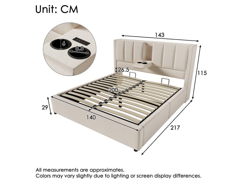  Lit coffre double 140x200 cm avec porte-gobelet et station de charge usb, sommier inclus, bois et métal, couleur beige  - Conforama C