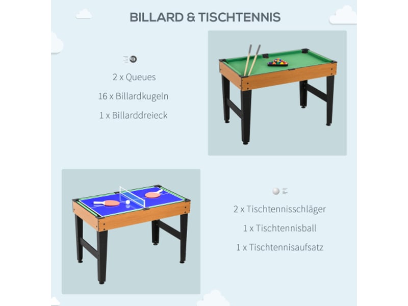  Table de jeu 4 en 1, ping-pong, baby-foot, billard, hockey, acier et bois naturel, noir  - Conforama D