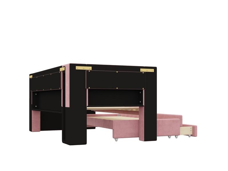  Lit jeune, lit gigogne 90x200 cm, équipé de led, usb, tiroirs et structure rembourrée, coloris rose  - Conforama D