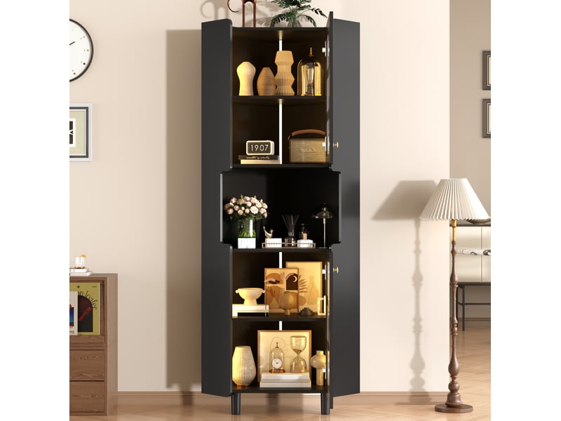  Meuble d'angle led avec 2 portes vitrées et niche ouverte, éclairage par application, noir, 63,5 × 157,5 cm  - Conforama C