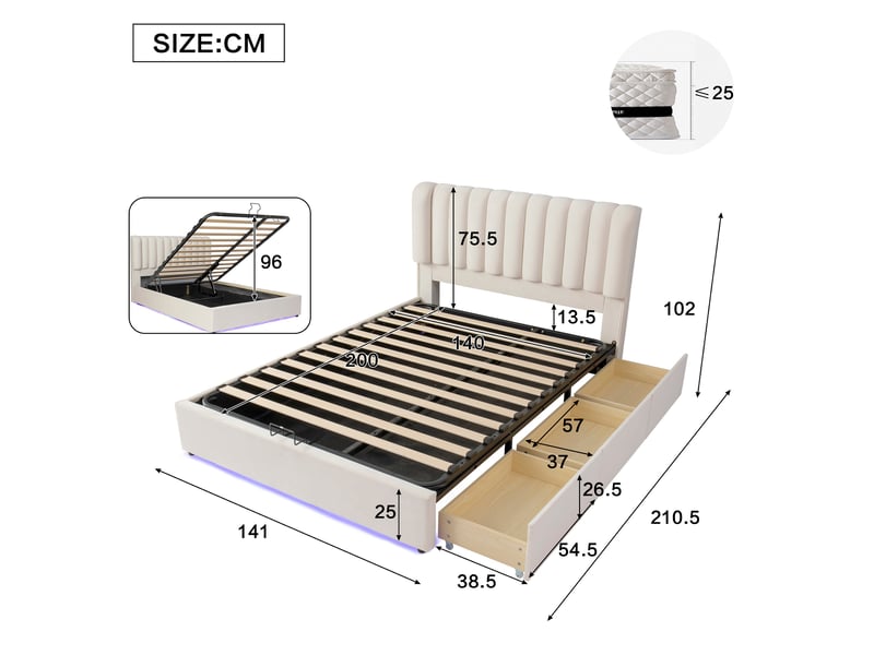  Lit coffre rembourré modenvie 140 x 200 cm avec rangement hydraulique, 3 tiroirs, éclairage led et revêtement en velours beige  - Conforama C