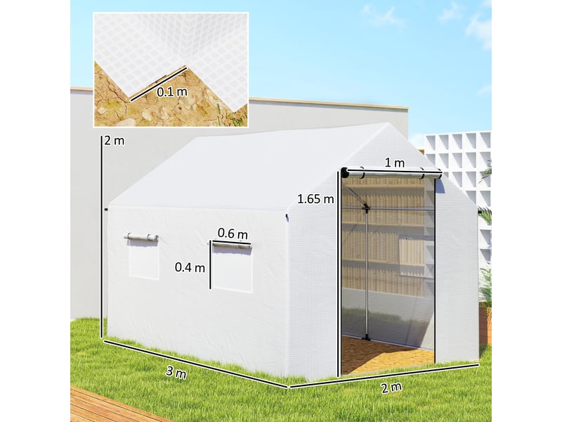  Serre tunnel 2 x 3 x 2 m avec portes et fenêtres coulissantes et toit pointu, en acier et pe, blanche  - Conforama E