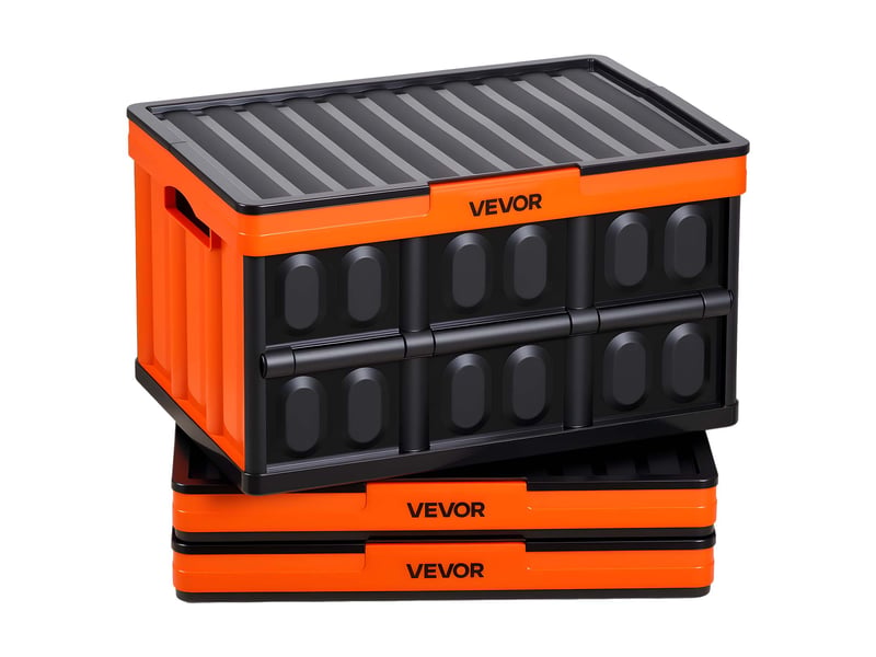  Vevor caisse plastique pliable avec couvercle 45 l, lot de 3, bac de rangement pliable et empilable avec poignees, charge max. 20 kg par caisse pour maison, camping, voiture et courses, noir et orange  - Conforama A