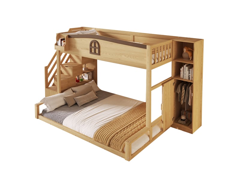  Lit superposé familial 90x200 et 140x200 cm avec escalier à étagères, armoire, rangements et fenêtre décorative, pour chambre partagée - bois  - Conforama A