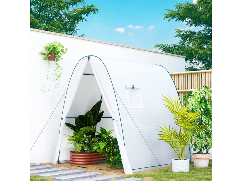  Serre voûtée avec sacs de sable et bâche plastique, 2 portes enroulables, fenêtres en filet, portable, 1,8 x 1,8 x 2 m, blanche  - Conforama D