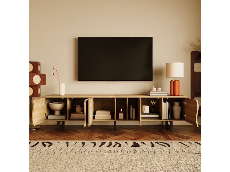  Meuble tv bois naturel 191 cm avec portes incurvées et rangement banc tv design minimaliste  - Conforama D