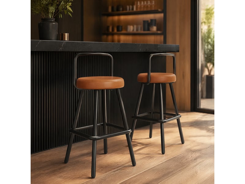  Tabouret de bar ergonomique avec dossier et repose-pieds, structure stable, en pu imperméable et métal marron  - Conforama B